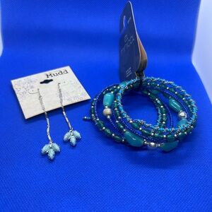 Mudd Turquoise Earrings and Beaded Coil Bracelets Set